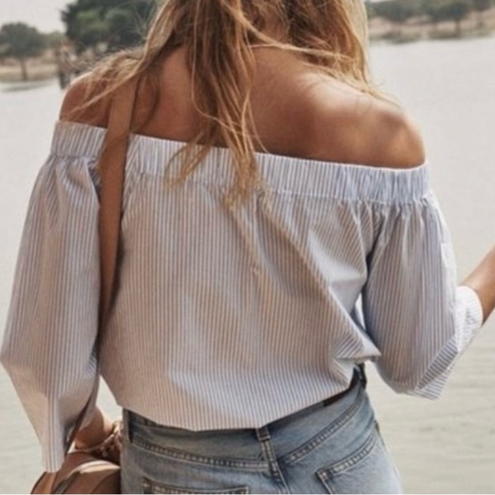 Madewell Womens Off Shoulder Top Blouse Cotton White Blue Striped Size M $88